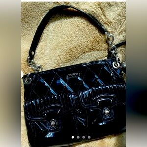 Coach Black Quilted Patent Liquid Gloss Handbag with Fob Handle Bag EUC